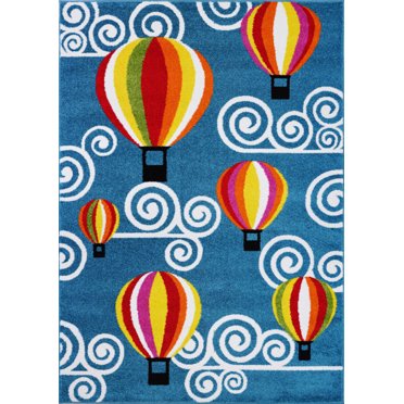Ladole Rugs Tapis pour Enfants Durable au Design de Montgolfière et de Ciel Européen en Bleu, 5x7 (5 Pieds3 Pouces x 7 Pieds4 Pouces, 160cm x 225cm)