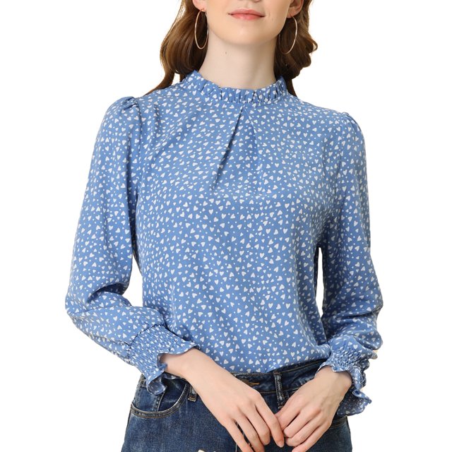INSPIRE CHIC Blouse Imprimée à Col Montant Volanté à Smocks à Manches Longues pour Femme P Bleu Gris-Cœur