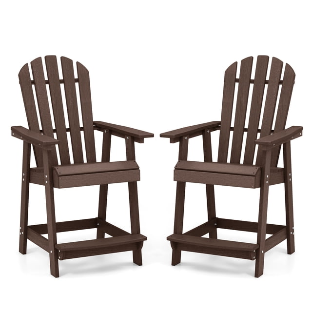 Costway 2 PCS Tall Bar Stool HDPE Patio Chair with Armrest Footrest in brown. These chairs feature a faux wood grain design, wide seats, and reclining backrests for comfort. Made from weather-resistant HDPE material, they are suitable for indoor and outdoor use, including patios, backyards, bars, and cafes. Each chair includes armrests, footrests, and outwardly extending support legs for stability, with a weight capacity of 330 lbs.