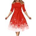 thumbnail image 1 of AherBiu Robe de Noël pour Femmes à Épaules Dénudées, Manches 3/4, Fermeture Éclair, Taille à Nœud, Froncée, Robe Midi de Fête, 1 of 6
