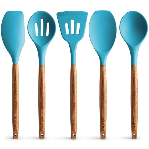 Zulay Non-Stick Silicone Utensils Set with Authentic Acacia Wood Handles - 5 Piece Silicone Cooking Utensils Set - Blue