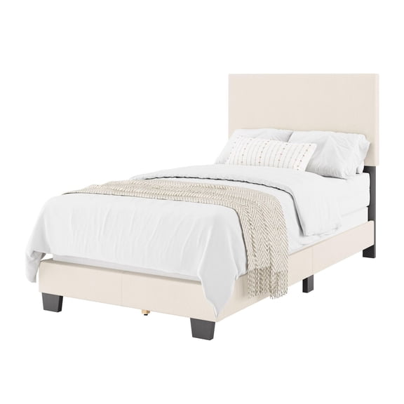 Lit adulte capitonné CorLiving Celeste en tissu bouclé blanc cassé avec tête de lit, sommier requis