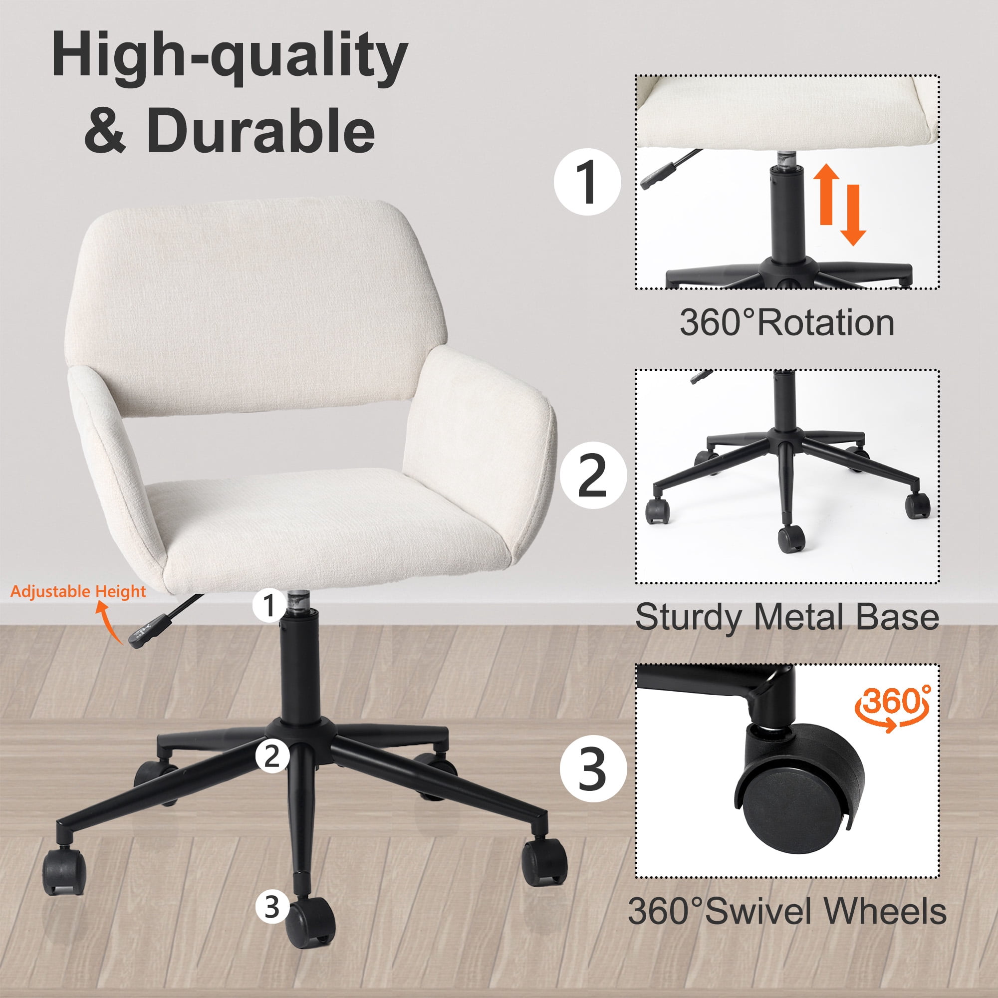Homy Casa Chaise de Bureau Pivotante 24 po, 1 Pièce, Fauteuil de Bureau Réglable en Chenille avec Base en Métal pour Bureau, Coiffeuse, Étude, Beige