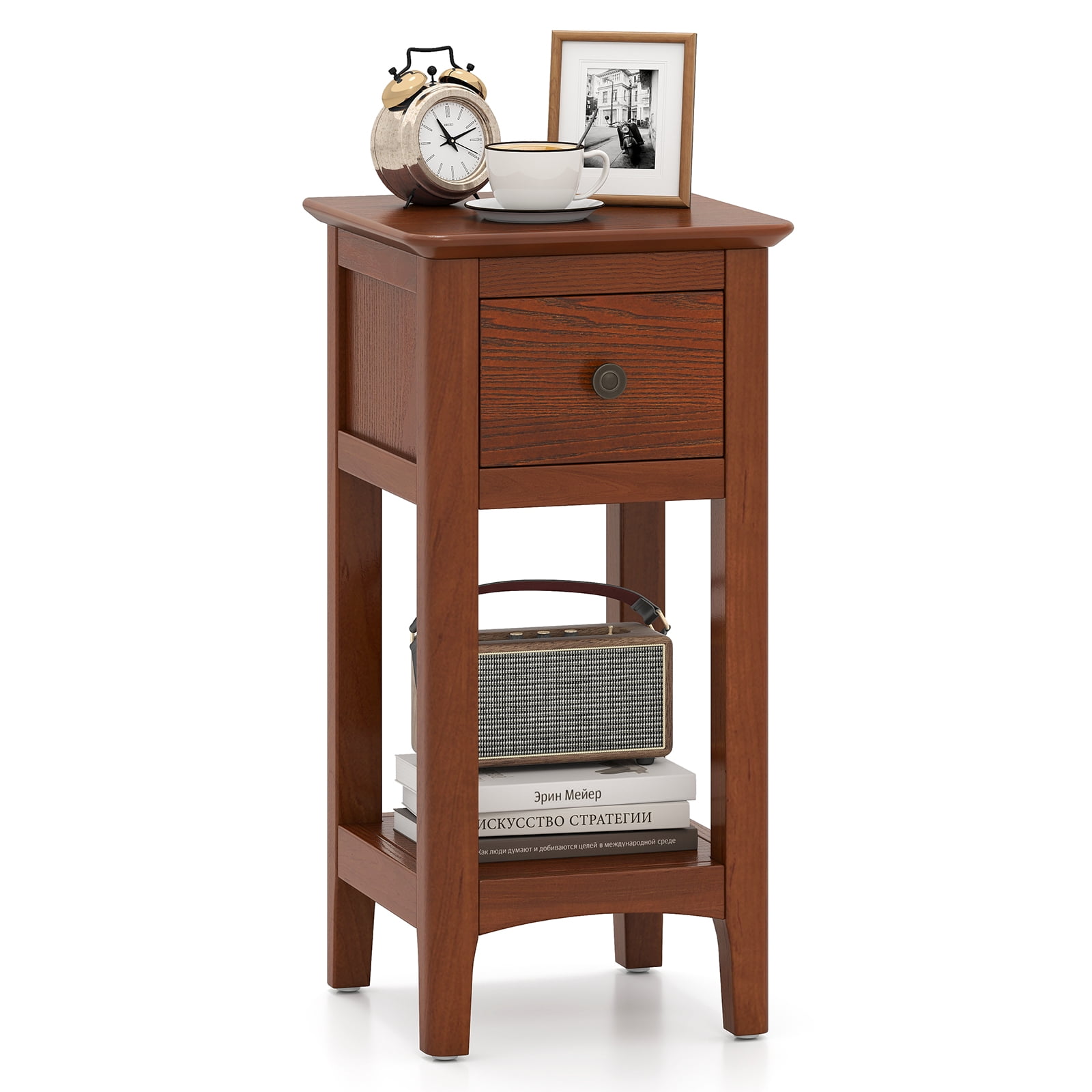 Gymax Nightstand 3-Tier Bedside Table w/ Open Storage Shelf & Narrow Side Table Brown