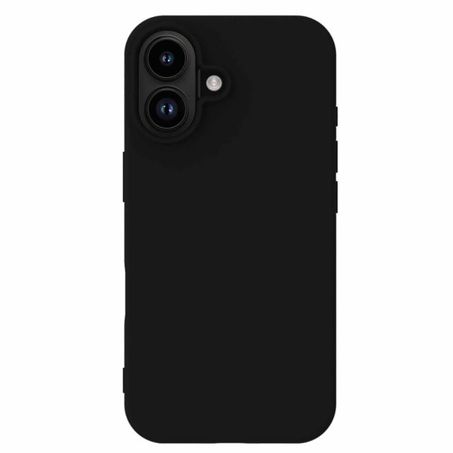 Blu Element Gel Skin Case Black for iPhone 16 shown in a centered rear view with an ultra-slim, matte black TPU material and raised edges around the dual camera and flash. The lightweight, shock-absorbent case provides precise cutouts for ports and buttons, ideal for minimalist phone protection.