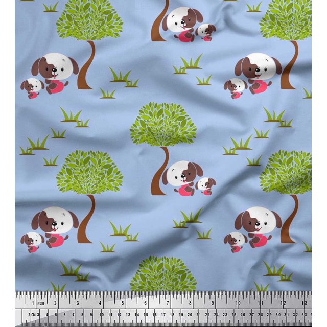 Soimoi Viscose Chiffon Fabric Tree & Dog Kids Printed Fabric 1 Yard 42 Inch Wide