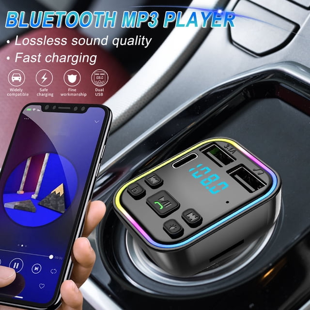 Bluetooth 5.0FM Transmitter for Car with Type-C PD (30W) car charger, QC3.0 USB port, and LED backlit display. The wireless adapter supports MP3 player functionality, hands-free calling, and FM radio tuning. Shown installed in a car's lighter socket, surrounded by a 7-color LED light ring, with a smartphone playing music nearby.