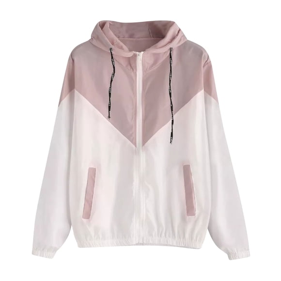 Pisexur Women's Lightweight Jacket Color Block Long Sleeve Sport Hooded Windbreaker Jacket Patchwork Zipper Coat Active Outdoor Raincoat S-4XL