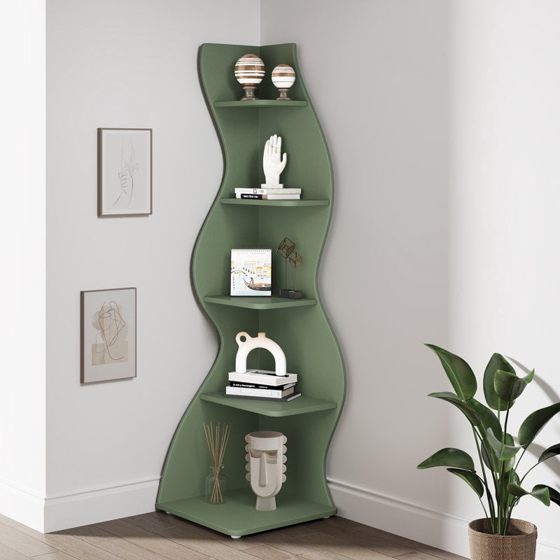 Tribesigns Corner Shelf, Modern 5-Tier Wall Corner Bookshelf, Stylish Corner Small Bookcase Storage Rack Plant Stand with Unique Shape for Living Room, Home Office(Green)