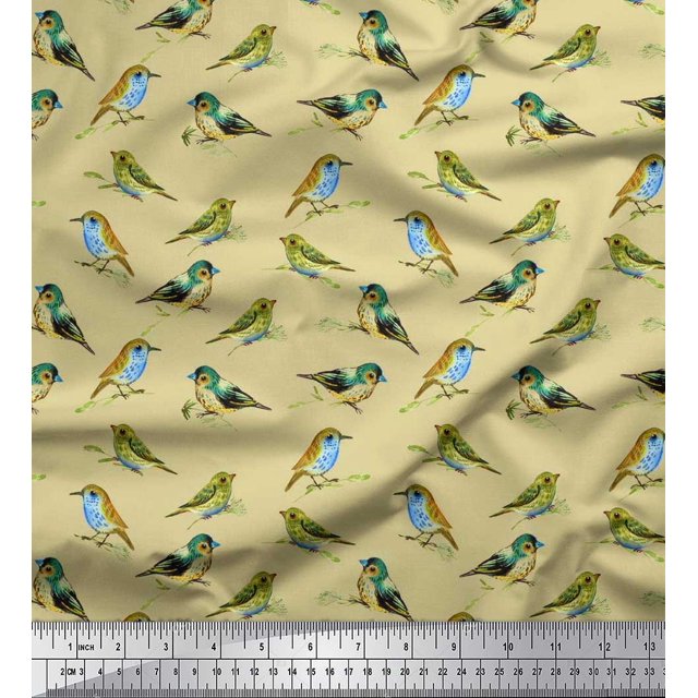 Soimoi Poly Georgette Fabric Flycathcer Bird Print Fabric by the Yard 42 Inch Wide