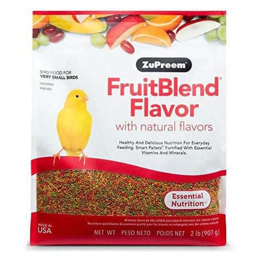 Zupreem FruitBlend Flavor Food For Very Small Birds in a 2 lb (907 g) bag featuring natural fruit flavors and colorful pellets fortified with 21 essential vitamins and minerals, suitable for canaries, finches, and other very small birds requiring balanced daily nutrition.