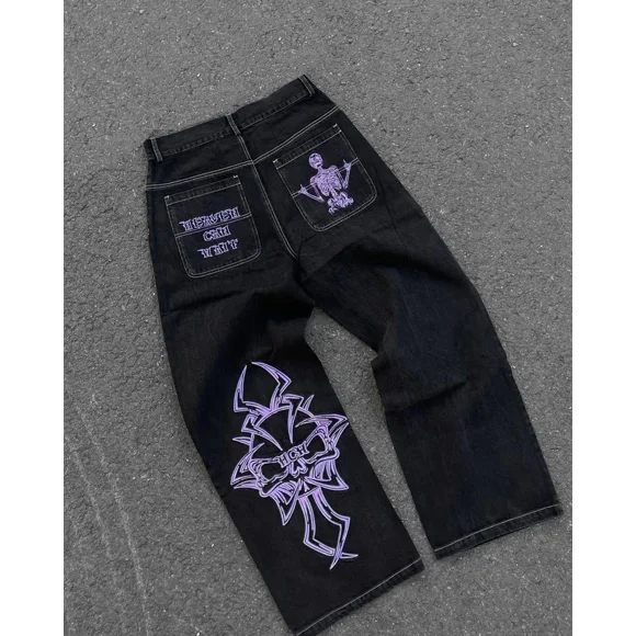 Hip-hop Américain Vintage JNCO Motif Brodé Chaud Jeans Droits Femmes Y2K Nouveau Street Décontracté Ample Pantalon à Jambe Grand Pantalons