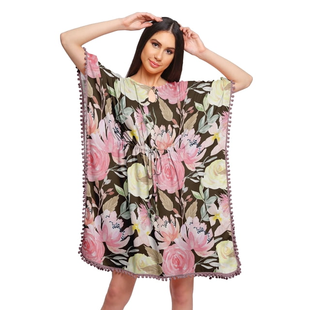 Moomaya Robe Courte de Caftan de Plage, Robe de Couverture Imprimée, Kaftan pour Femmes, Tenue de Plage, Couverture