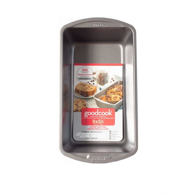 GoodCook Everyday Nonstick Steel Loaf Pan, 9" x 5", gray, top-down view showing a rectangular nonstick steel loaf pan with a product label inside featuring baked bread with chocolate chips, designed for even heat distribution, dishwasher safe, and metal spatula safe, suitable for baking bread and cakes.