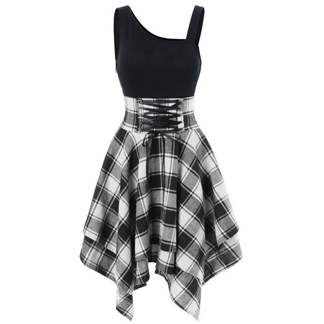 Mode Femmes Sans Manches Épaule Froide Croix Dentelle jusqu'à Plaid Impression Irrégulière Robe