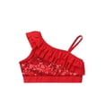 thumbnail image 3 of iixpin Kids Girls Sleeveless Sequin Ruffle Dance Top Shirt Asymmetrical Shoulder Straps Performance Crop Top Red 8, 3 of 7