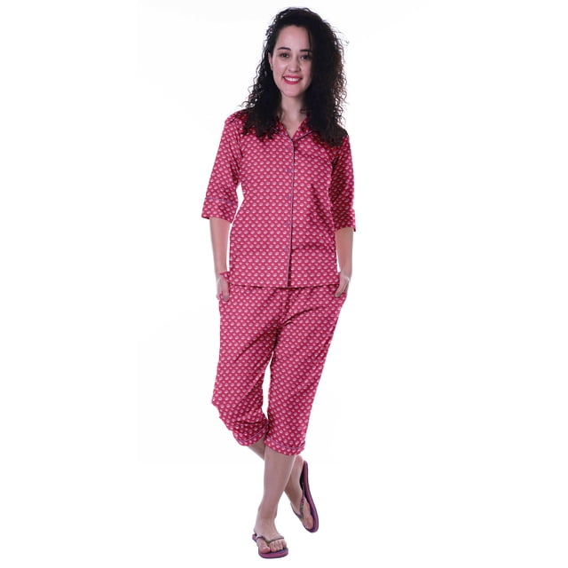 Moomaya Chemise en Coton Imprimé à Manches 3/4 avec Capri Ensemble de Nuit 2 Pcs Vêtements de Nuit pour Femmes