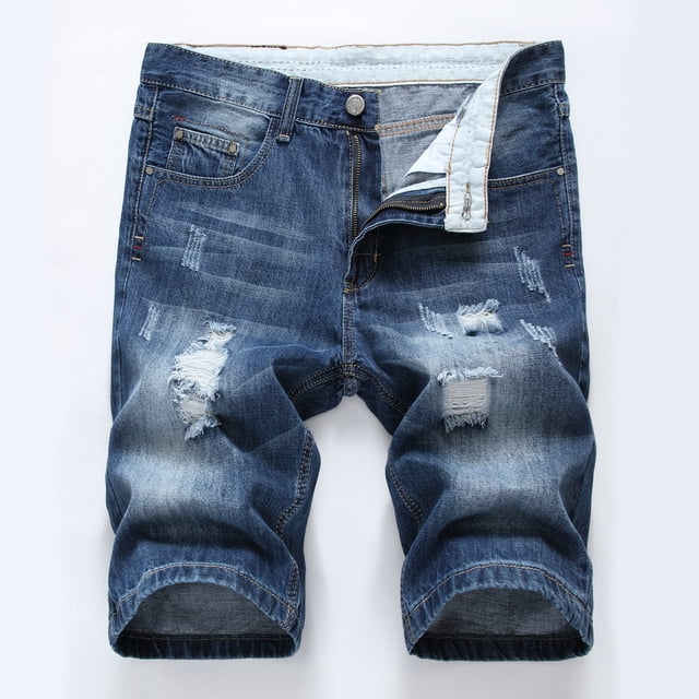 Meichang Men's Jean Shorts Big and Tall Classic Fit Regular Ripped Denim Shorts Straight Leg Distressed Denim Trunks Stretchy Motor Bike Jean Trunks with Pockets