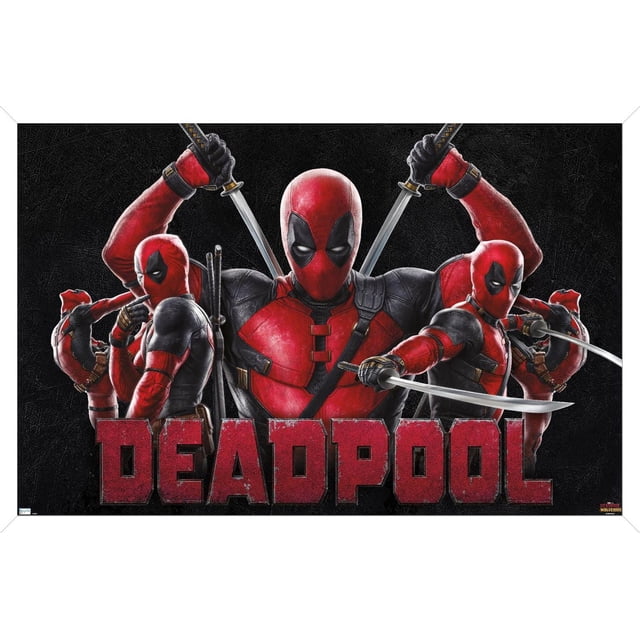 Marvel Deadpool & Wolverine - Affiche Murale Deadpool, 14,725 Po x 22,375 Po Encadrée, Représentant Cinq Figurines Deadpool en Costumes Rouges et Noirs Tenant des Épées dans des poses Dynamiques sur un Fond Noir Texturé avec Grand Texte Rouge « Deadpool », Idéal pour l'Art Mural de Chambre Ou de Bureau.