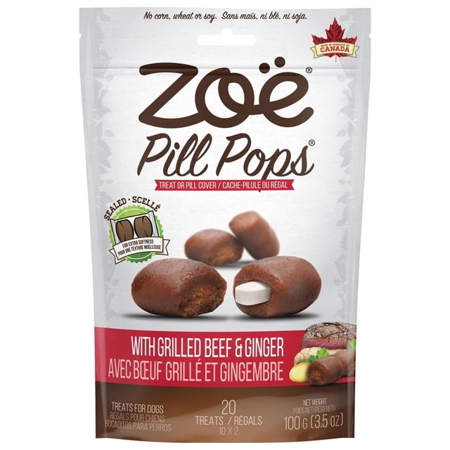Zoë Gâteries pour Chiens en Bâtonnets de Bœuf Grillé au Gingembre, Tendres et Moelleuses, dans une Pochette Refermable Fabriquée au Canada, Conçues comme Couvre-Pilules Ou Gâteries pour Aider les Chiens à Accepter Facilement les Médicaments, Contenant 20 Gâteries de 100 g, Sans Maïs, Blé et Soya.