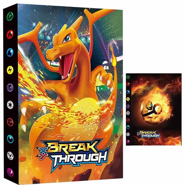 Trading Card Holder Card Album Binder by Colour Talk, featuring a vibrant 'Break Through' design with a fiery dragon illustration on the cover. This 4-pocket binder includes 30 pages, accommodating up to 240 trading cards. Made of high-quality PP material, it is waterproof, dustproof, and lightweight, with a top-loading pocket design for easy card insertion and removal. Suitable for children and collectors, it measures 32cm x 20cm, with each inner pocket sized at 9.5cm x 6.8cm. Cards not included.