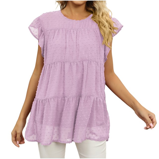 Timegard Womens Tops Chiffon Cap Sleeve Loose Blouse Lightweight Round Neck Summer Beach Vacation Tops