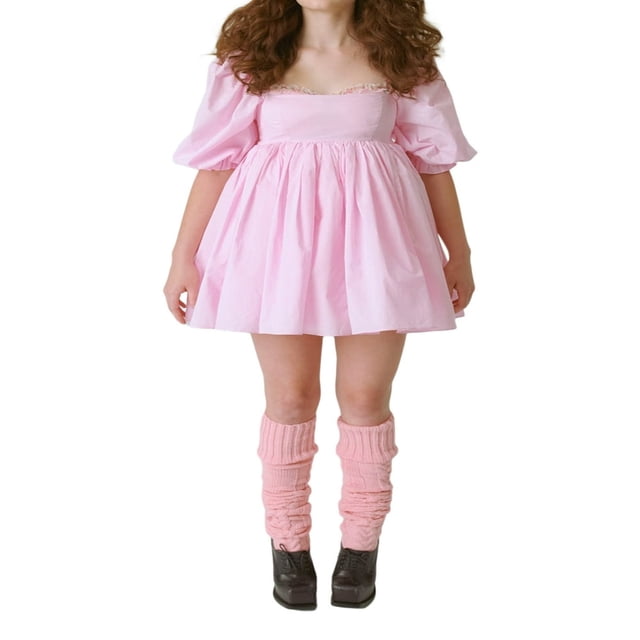 Women Puff Sleeve Babydoll Dress Square Neck High Waist Ruffles Princess Dress Flowy Prom Party Mini Dress