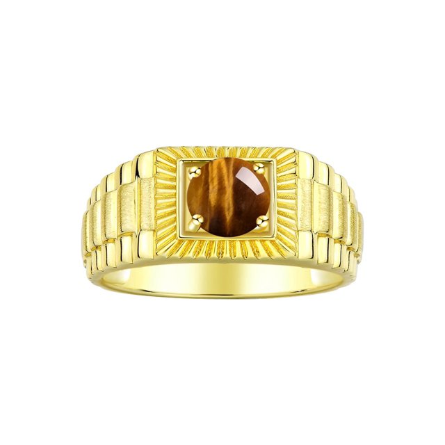 RYLOS Men's Ring 14K Yellow Gold Ring, 7MM Round Shape Gemstone Designer Style Rings Tiger Eye November Birthstone Rings Gold Size 9