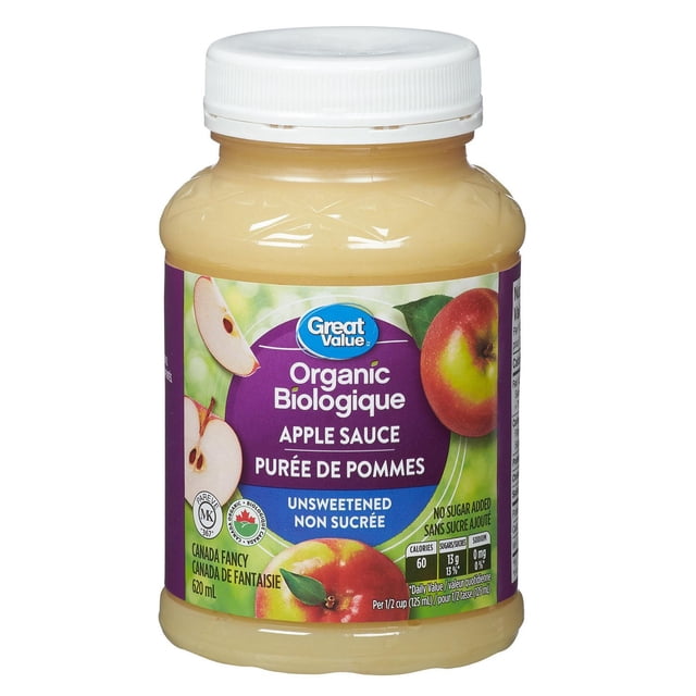 Great Value Organic Unsweetened Applesauce 620 mL in a clear plastic jar with a white screw-on lid, featuring a purple and green label with images of whole and sliced apples, labeled no sugar added and low sodium, containing 60 calories per 125 mL serving, suitable for baking, cooking, or a healthy snack.