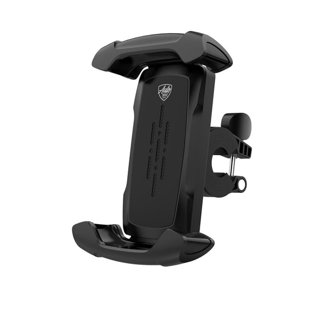 Auto Drive Bike Phone Holder Motorcycle Mount Motorcycle Handlebar Mobile Clamp front-facing close-up of an Auto Drive adjustable handlebar clamp holding a smartphone, visible spring-loaded grip arms, soft rubber corner pads, tightening bolt and silicone-lined bracket mounted on a tubular bike bar; fits 4.7–6.8-inch phones and is suitable for securing GPS units or compact action cameras.