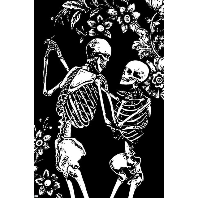 Skeleton Dance Wall Poster, 22.375" x 34", depicting two white skeletons dancing amid white floral designs on a black background, printed on glossy paper for vibrant wall art suitable for bedrooms, offices, or dorm rooms.