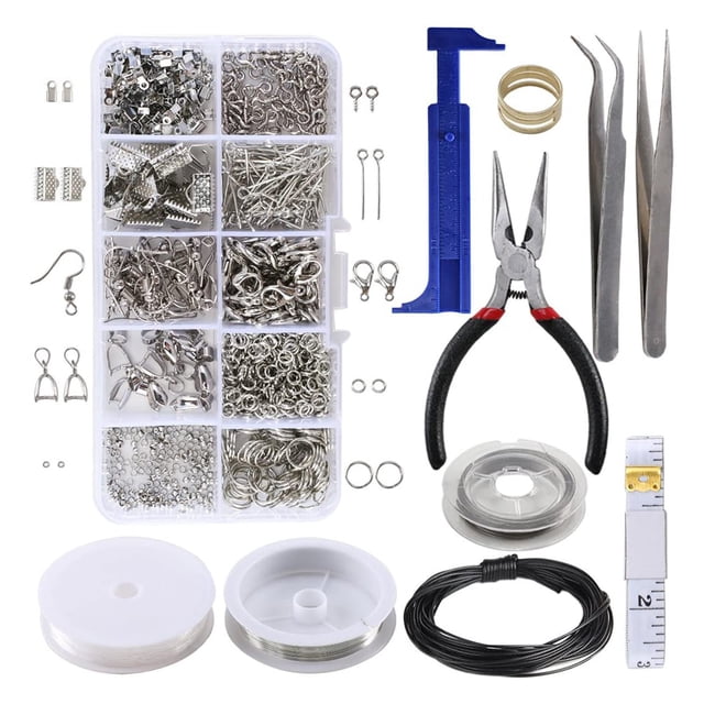 Riforla Accessories Rope Jewellery Making Tool Set Repair Set Kit with Silver Beading Wire Nylon Cord Connecting Rings Jewelry Tools Silver. This kit includes a reusable box with 10 types of jewellery accessories such as brass rings, open bending rings, lobster clasps, head pins, screw eyelets, crimp beads, ear hooks, band ends, ribbon clamp crimps, and pinch clip bails. It also features 4 types of bead wires: black waxed nylon cord, silver bead wire, silver coil bracelet storage wire, and elastic jewellery thread. Tools like pliers, straight and curved tip tweezers, calipers, and a measuring tape are included for crafting and repairing earrings, necklaces, bracelets, and charms.