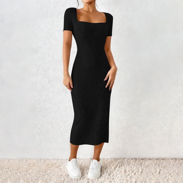 shein petite formal dresses Bodycon Dress With Square Neck Black For Women Knee Length Black Dresses Black Dress Long sleeves