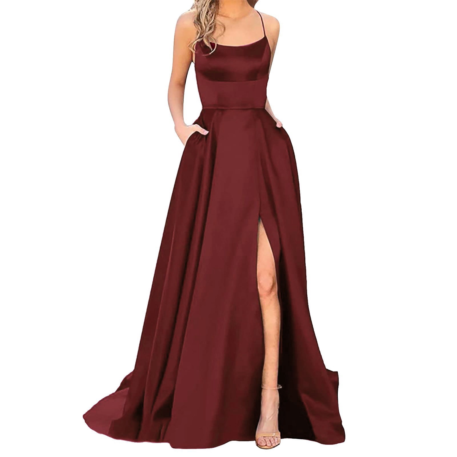 B91xZ Womens Evening Dress Sleeveless Halter Neck Ruffle Layed Chiffon Flowy Swing Long Midi Dress,Wine XXL