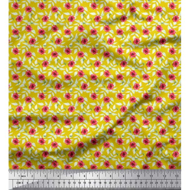Soimoi Modal Satin Fabric Leaves & Poppy Floral Decor Fabric Printed Yard 42 Inch Wide