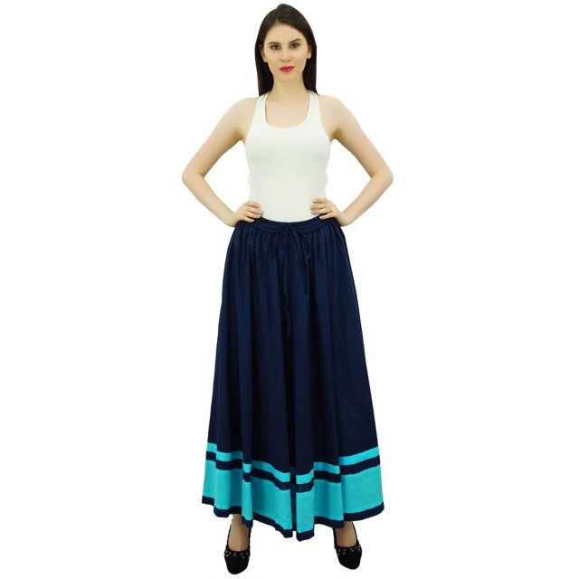 Bimba Women's Long Maxi Skirt With Contrast Border Boho Skirt With Elastic Waist