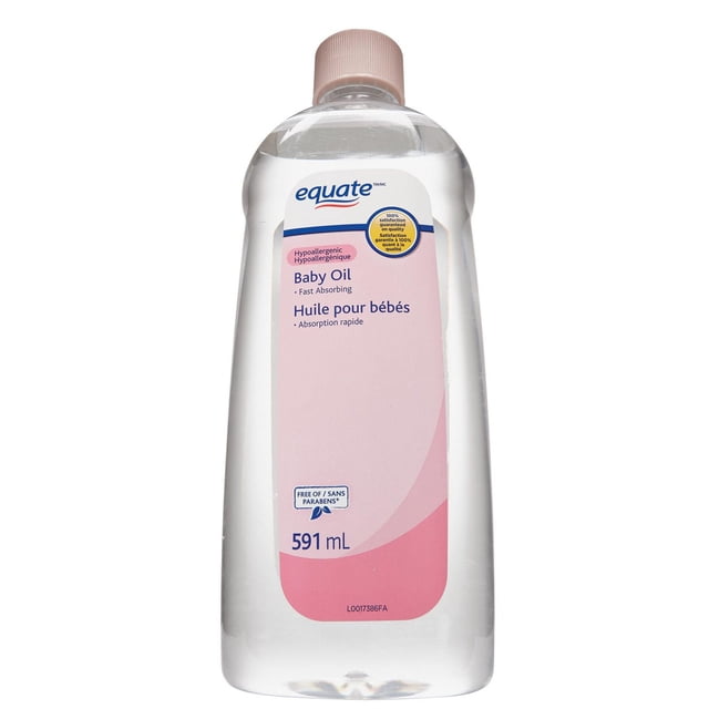 Equate Huile pour Bébé, Hypoallergénique, Absorption Rapide, Bouteille en Plastique Transparent de 591 ml avec Étiquette Rose et Bouchon Rose Côtelé, Testée par des Dermatologues et Sans Parabènes, Convient aux Soins Corporels Quotidiens pour Emprisonner l'Humidité et Prévenir la Sécheresse.