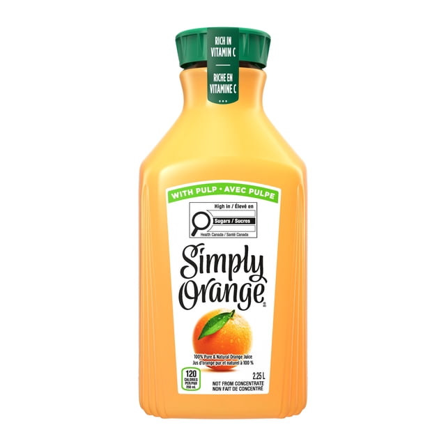 Simply Orange With Pulp Juice, 2.25 Liters, a rectangular plastic bottle with a green cap labeled rich in vitamin C and high in sugars, containing 100% pure and natural orange juice not from concentrate with natural flavours, ideal for refreshing fruit juice drink enjoyment.