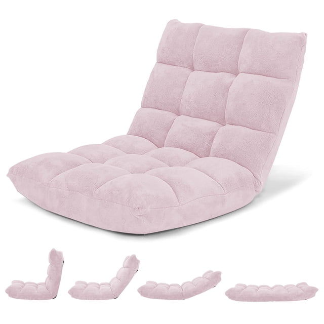 Costway Chaise de Sol Réglable à 14 Positions, Chaise de Jeu Paresseuse Pliante en Rose Pâle. Conçue pour l'Assise au Salon, Elle Présente une surface en Velours Corail avec Rembourrage en Mousse à Haute Densité et un Cadre durable en Acier Allié. angles Réglables de Plat à Vertical, Idéale pour la Lecture, le Jeu Ou la Détente. Compacte et Légère pour un Rangement Facile sous les Meubles.