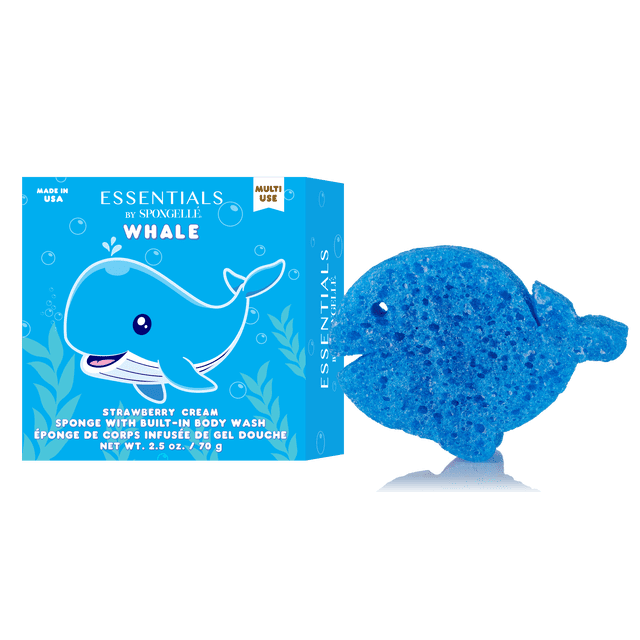 Spongelle Essentials - Kids - Whale 70g blue whale-shaped bath loofah sponge with built-in strawberry cream body wash, textured porous surface, multi-use body treatment, packaged in a blue box featuring a cartoon whale and product details, suitable for bath and shower accessories.