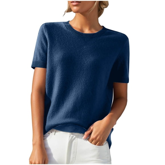 UNITWRY Summer Sweaters For Women Crew Neck Knitted Shirt Short Sleeve Sweaters Casual Pullover Tops