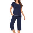 thumbnail image 1 of AherBiu Ensembles de Pyjama à Manches Courtes pour Femmes, Hauts à Col Ras du Cou avec Pantalons Capri, Tenue de Nuit 2 Pcs Confortable, 1 of 5