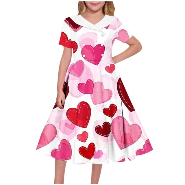 EGNMCR Robe à Manches Courtes à Col en V Robe à Manches Courtes Imprimée pour Filles Robe pour Enfants de Taille Moyenne et Grande Jupe à Col Plié Robe en Polyester pour Fille