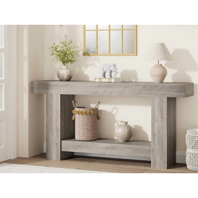 AKDSteel 63" Farmhouse Console Table with 2 Tiers and Storage – Large Wooden Sofa Table for Entryway, Hallway and Living Room
