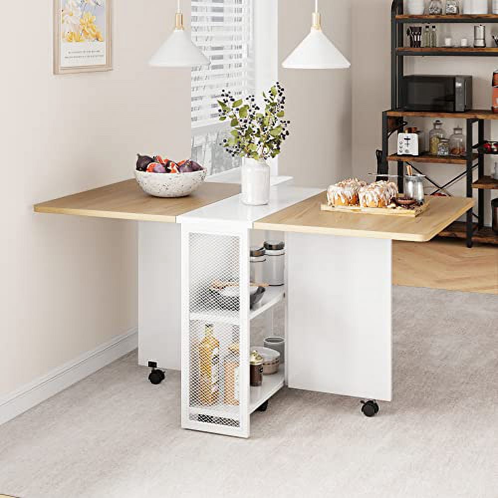 Folding Dining Table with Drop Leaf and 2 Storage Shelf, Collapsible Kitchen Dinner Table Extendable Office Desk