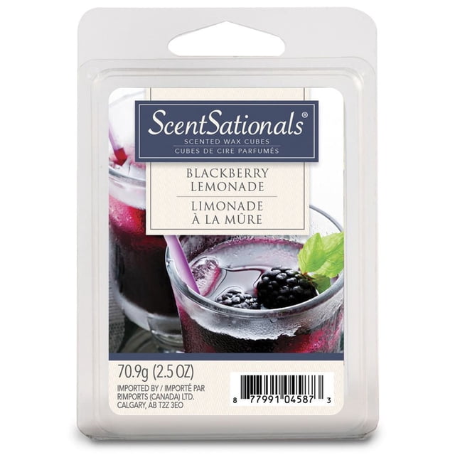 ScentSationals Cubes de Cire Parfumée - Vue de devant Gros Plan de Limonade à la Mûre de six Fondants de Cire à Démoulage Rapide en Coquille Plastique Transparente, Étiquetés « ScentSationals »; surfaces Lisses et Lignes de perforation Visibles; Teinte Baie-Limonade par Nom de Produit; Fond Blanc Uni, Illustré pour une Utilisation dans des Chauffe-Cire Électriques et Adapté au Mélange avec d'Autres fragrances ScentSationals.
