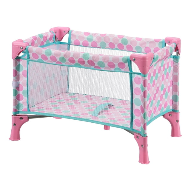 My Sweet Baby Parc Pliant pour Poupées de 18 Pouces avec supports d'Angle Roses, Bordure Sarcelle et Tissu à Pois avec Côtés en Maille pour la ventilation, Conception Légère pour un Pliage et un Rangement Faciles, Convient comme Accessoire de Parc de Voyage dans l'Équipement d'Activités pour Bébé.