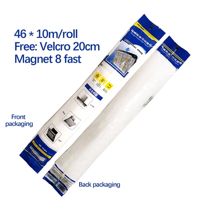 Range Hood Filters, Kitchen Range Hood oil suction paper filter mesh disposable and thickened, shown in packaging. Made of non-woven fabric, it absorbs grease and steam to protect kitchen surfaces. Includes Velcro and magnet attachments for easy installation. Suitable for various range hood types, with dimensions of 46 x 10m per roll.