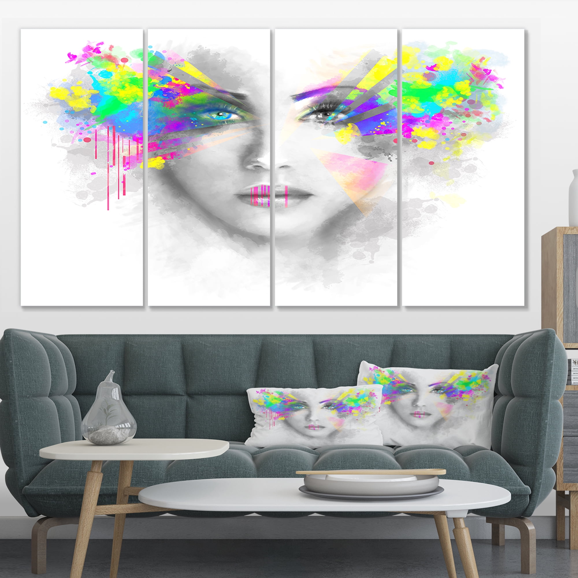 Design Art Gray Woman with Green Flowers Canvas Print