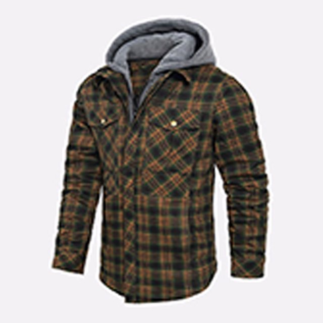 LOVZFMLL Jackets for Men's Winter Checkered With Button Pockets And Long Sleeved Hooded Casual Jacket